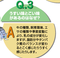 Q3：うすい味とこい味があるのはなぜ？　牛の種類、飼育環境、エサの種類や季節変動により、乳の成分が変化しますが、脂肪分やタンパク質のバランスが変わるとこく感じたりうすく感じたりします。